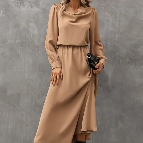 Brand new Draped Collar Bishop Sleeve Dress Camel - Picture 7 of 9
